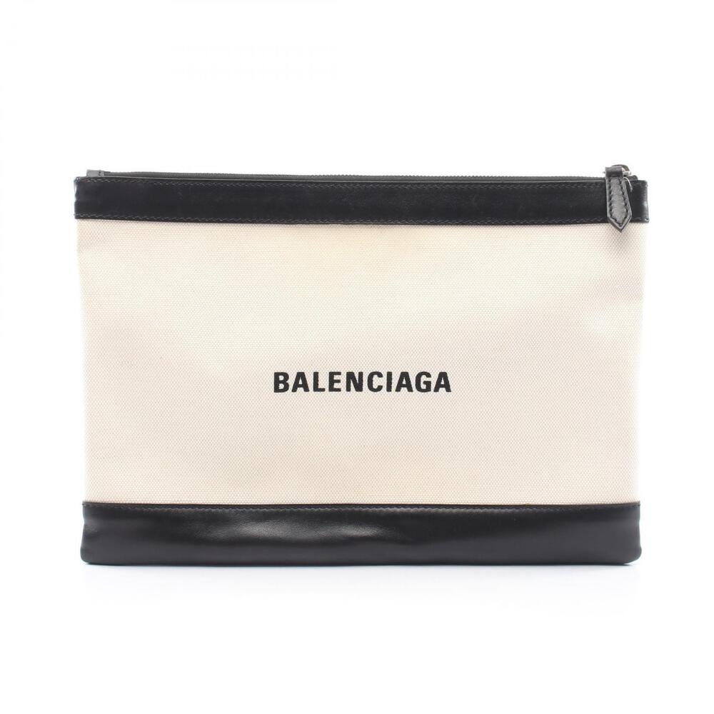 Balenciaga Navy Blue Clip Shoulder Bag Canvas Leather Ivory White Black